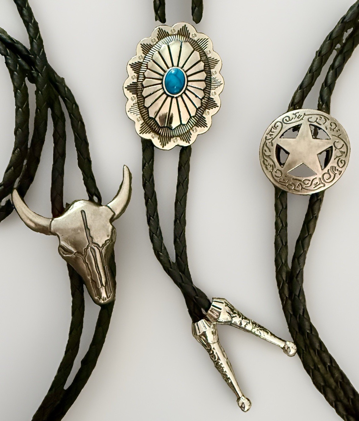 3Pc Bolo Tie Set With Adjustable Genuine Leather Cord Natural Tiger Eye Stone
