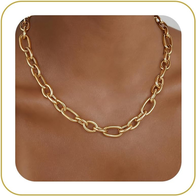 Gold Necklace for Women – Chunky 14K Gold Plated Chain Necklace Cuban Link Paper