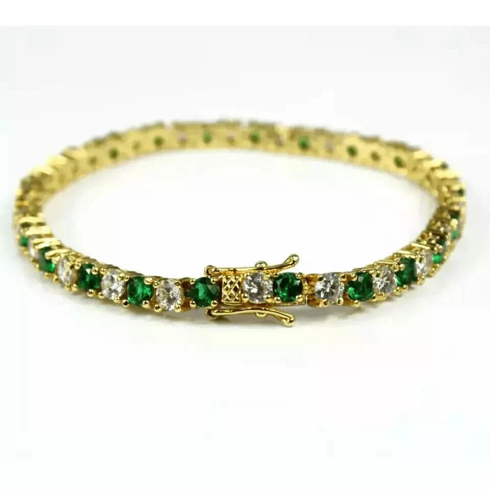 8CT Round Cut Emerald & Diamond Created Tennis Bracelet 14K Yellow Gold Plated