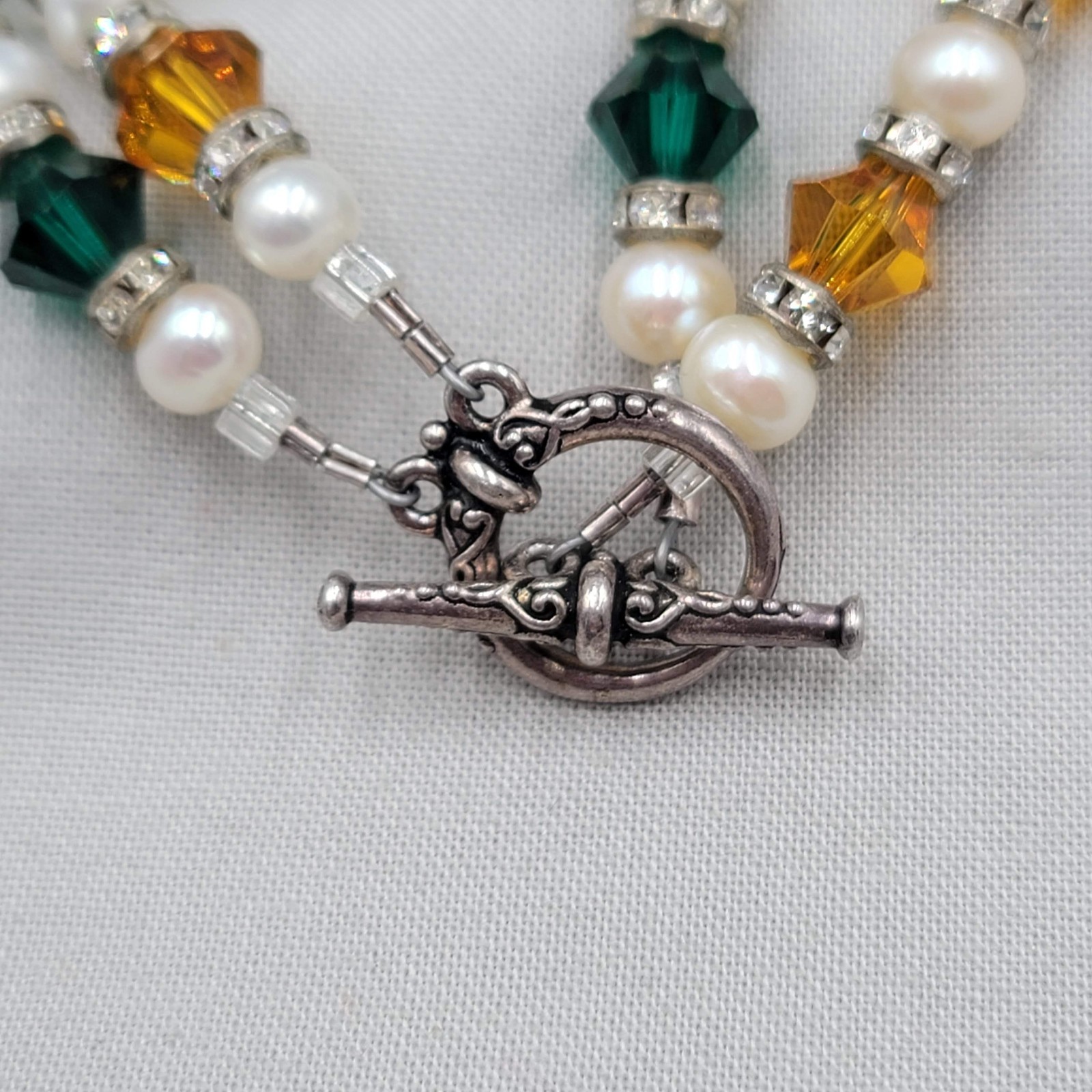 Beaded Bicone Crystal Green Orange Double Strand Bracelet Silver tone Toggle 6.5