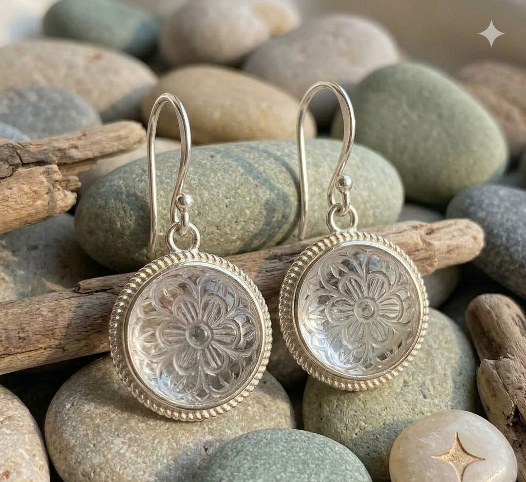 solid 925 Sterling Silver Clear Quartz carved flower dangle drop earrings