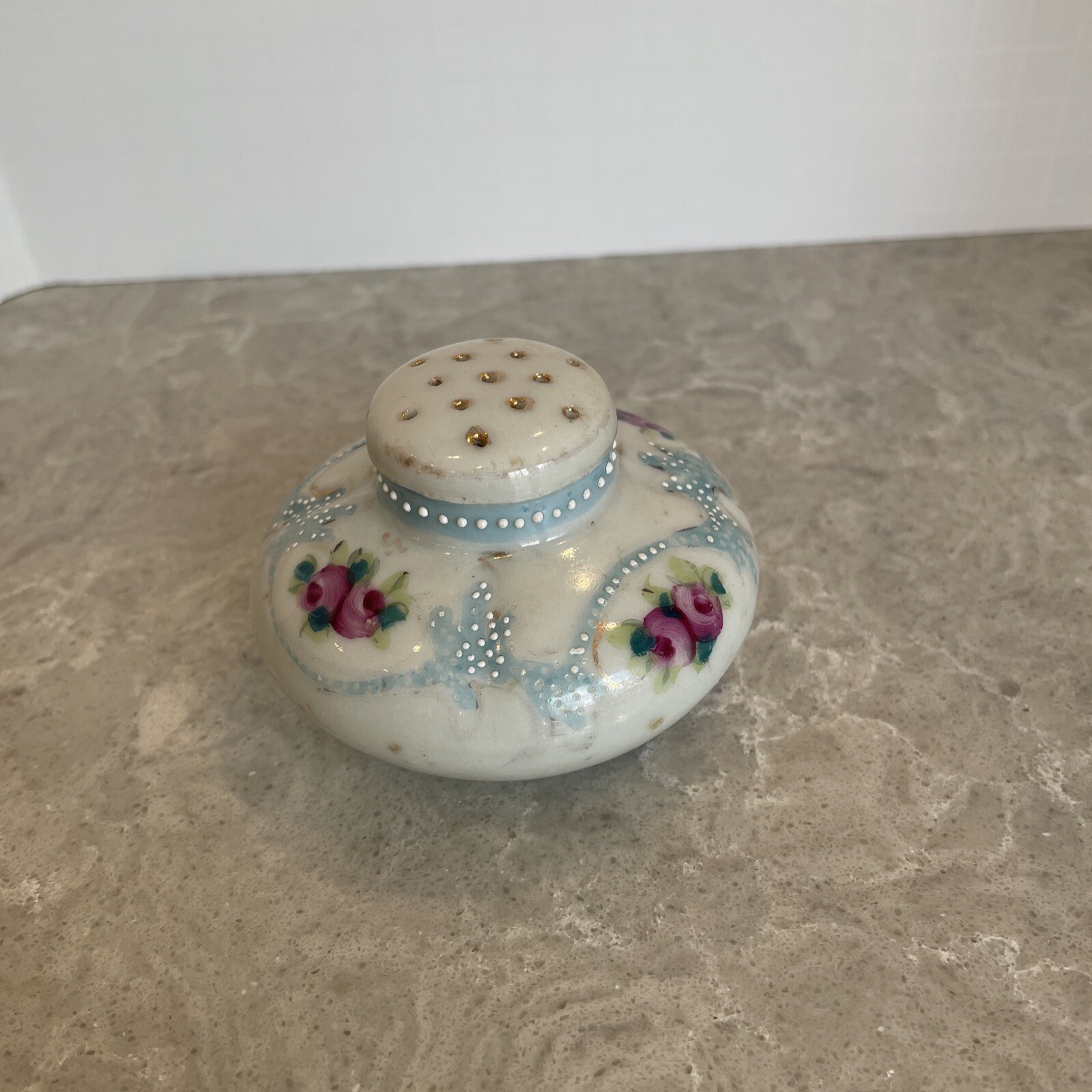Antique FLORAL CHINA BODY POWDER Hat Pin Holder VICTORIAN NO MARK 2″ TALL