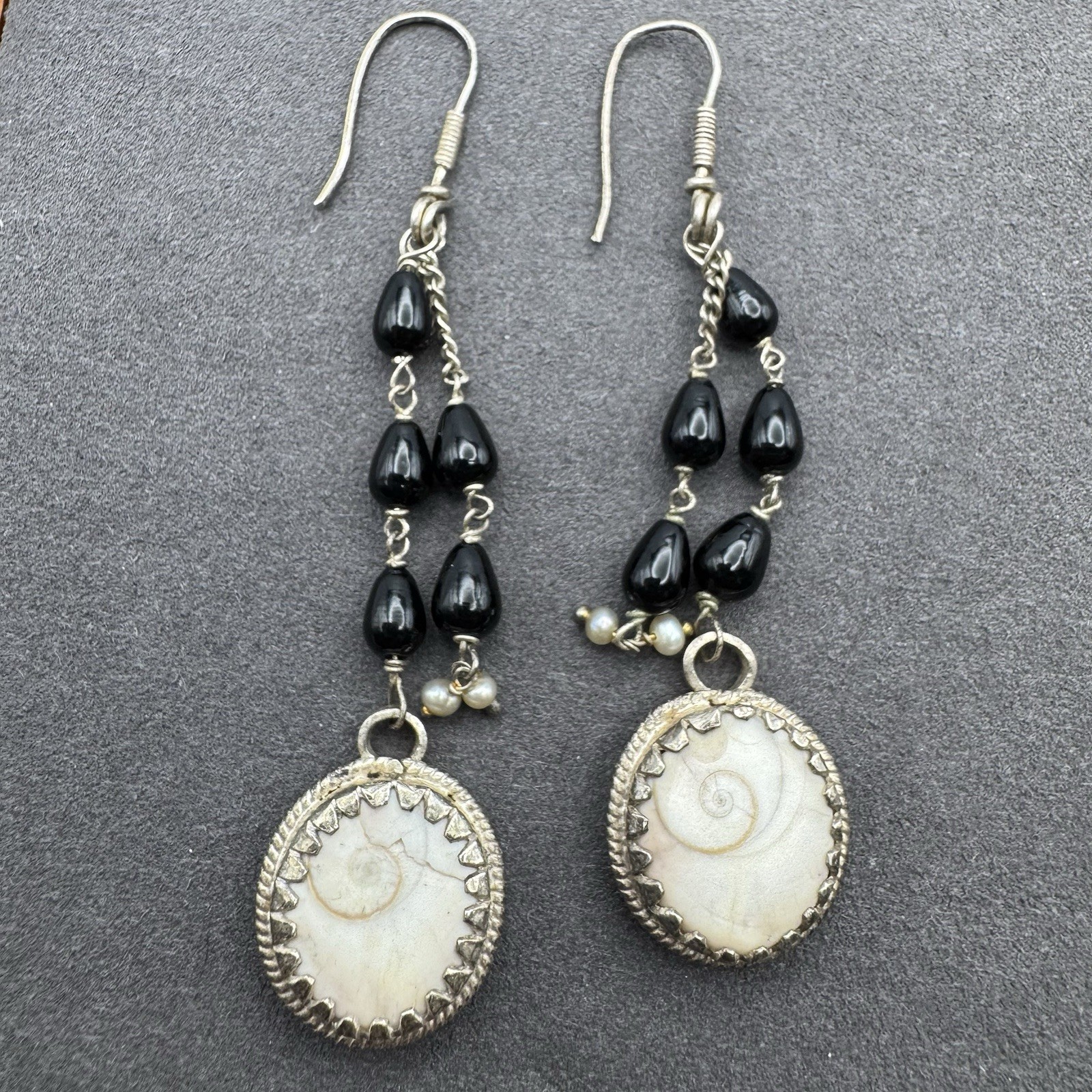 Artisan Silver Shiva Eye Shell Multi-Bead Necklace and Dangle Earrings Set