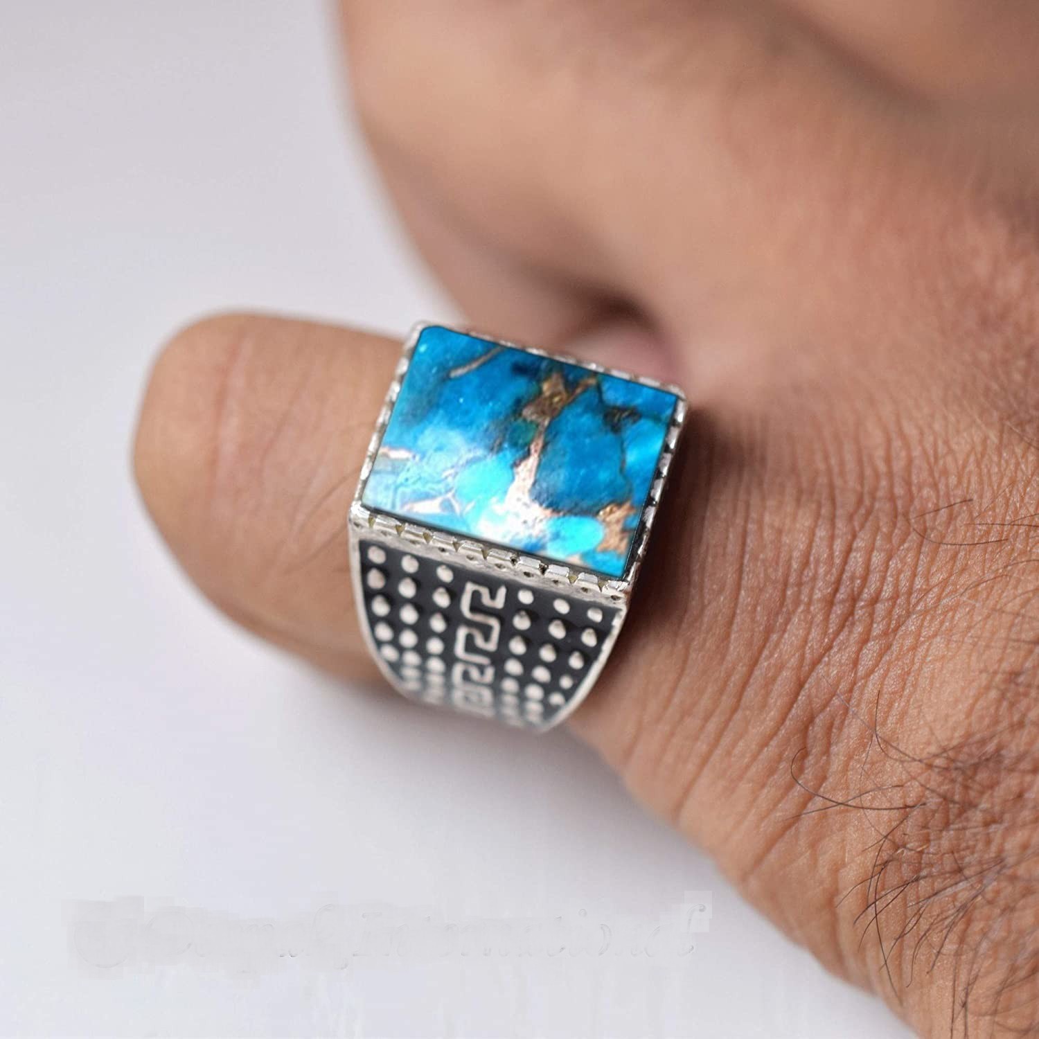 Solid 925 Sterling Silver AA Natural Copper Turquoise Gemstone Men’s Unisex Ring