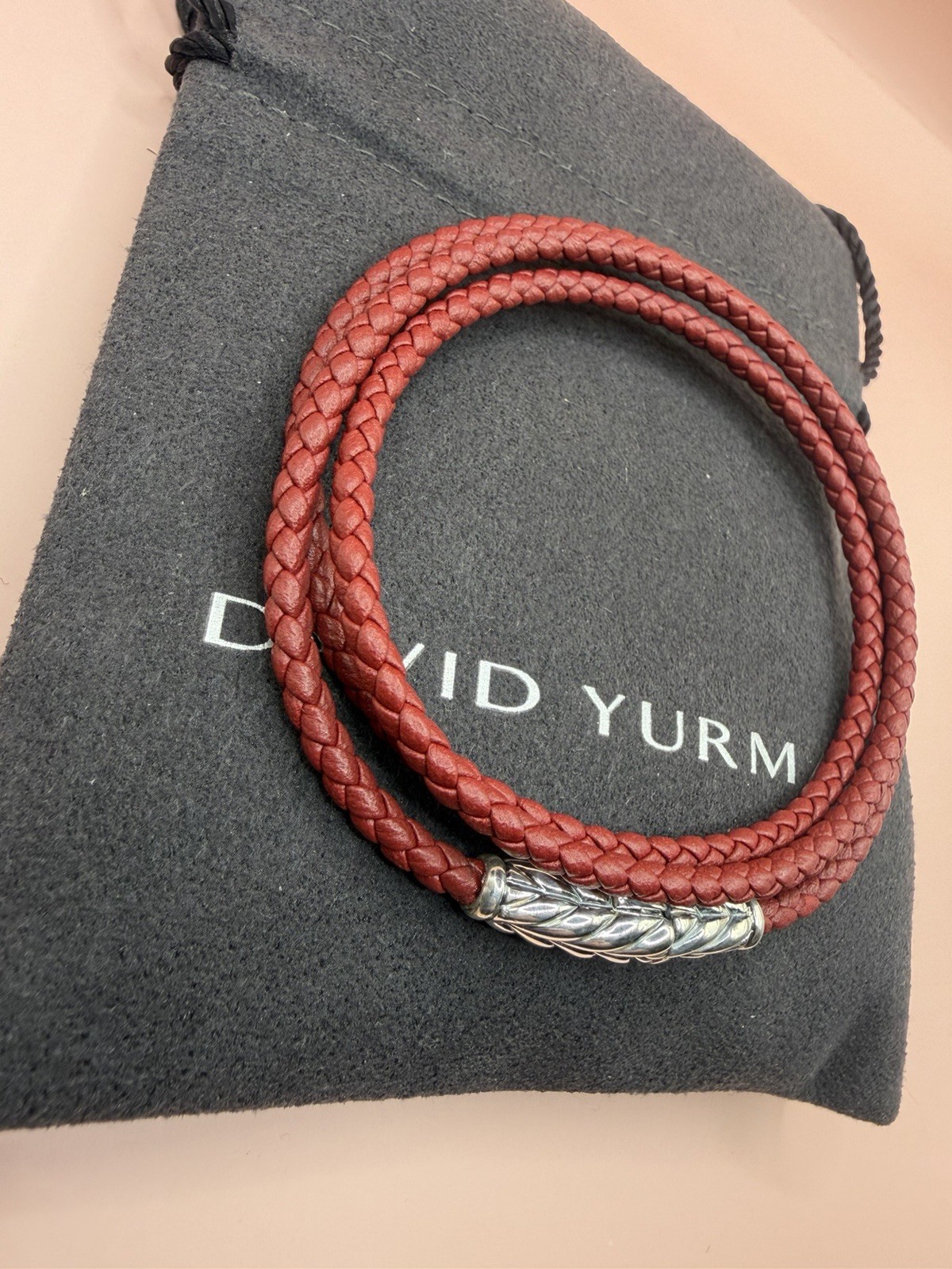 David Yurman Sterling Silver Leather Chevron Triple Red Wrap Bracelet Medium