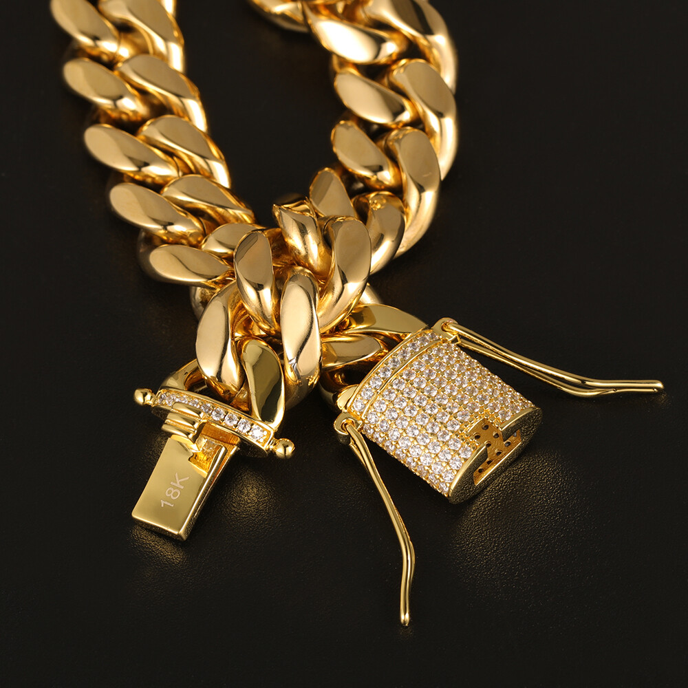 Miami Cuban Link Chain Bracelet Set For Men Solid 316L Stainless Steel 18K Gold