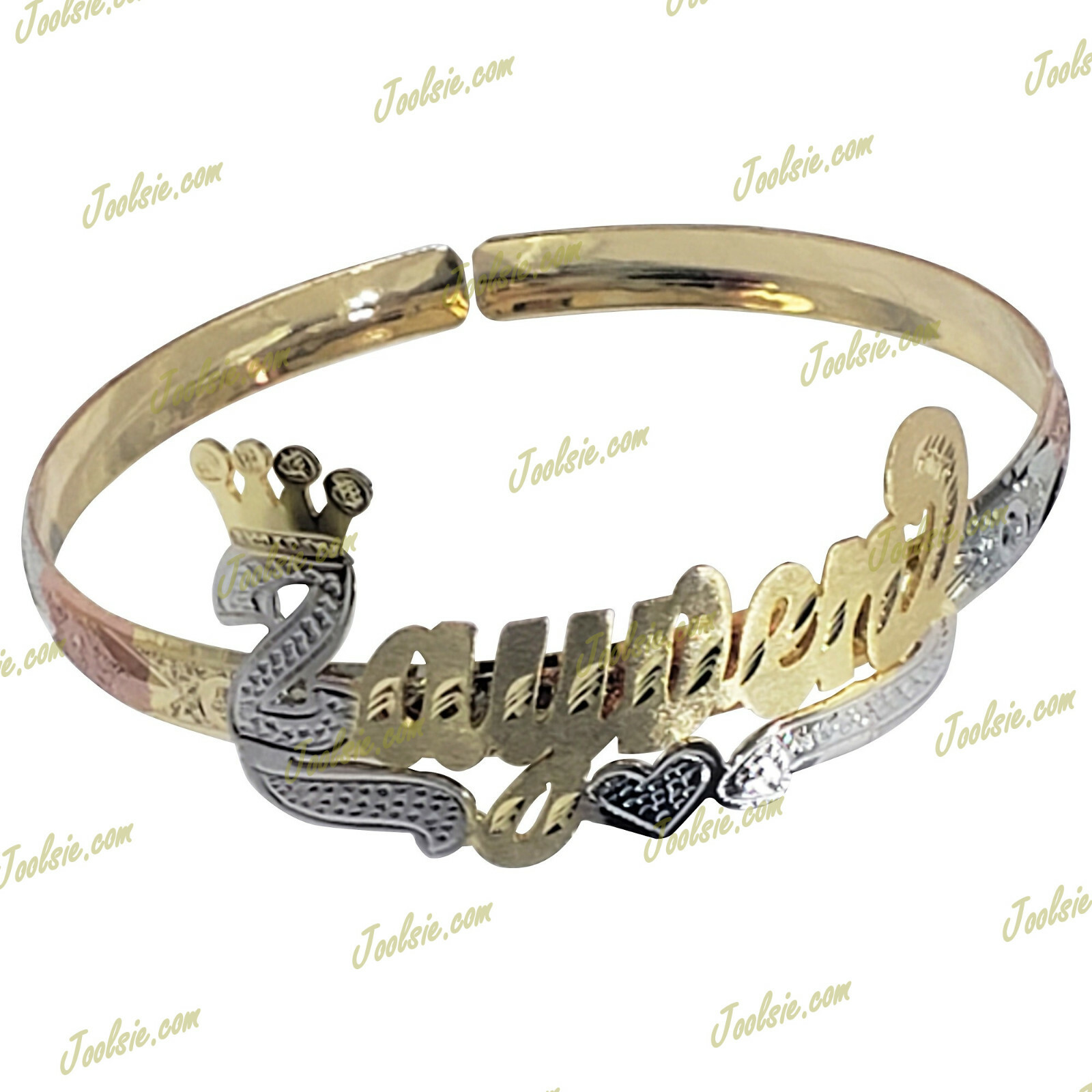 PERSONALIZED ADULT 14K GOLD PLATED CROWN NAME CUFF BANGLE BRACELET