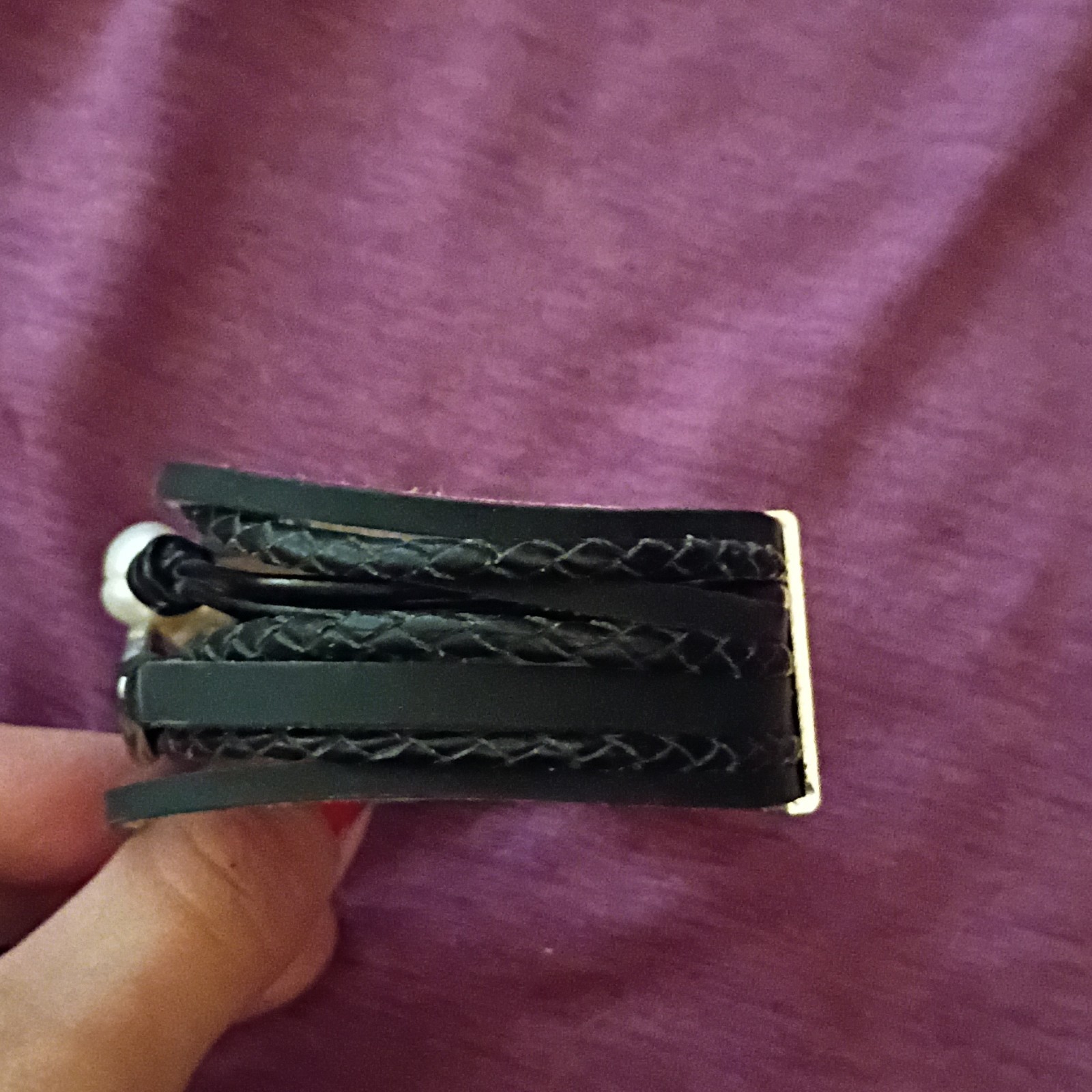 Black Leather Braided Wrap Bracelet, White Pearl Beaded, Magnetic Clasp
