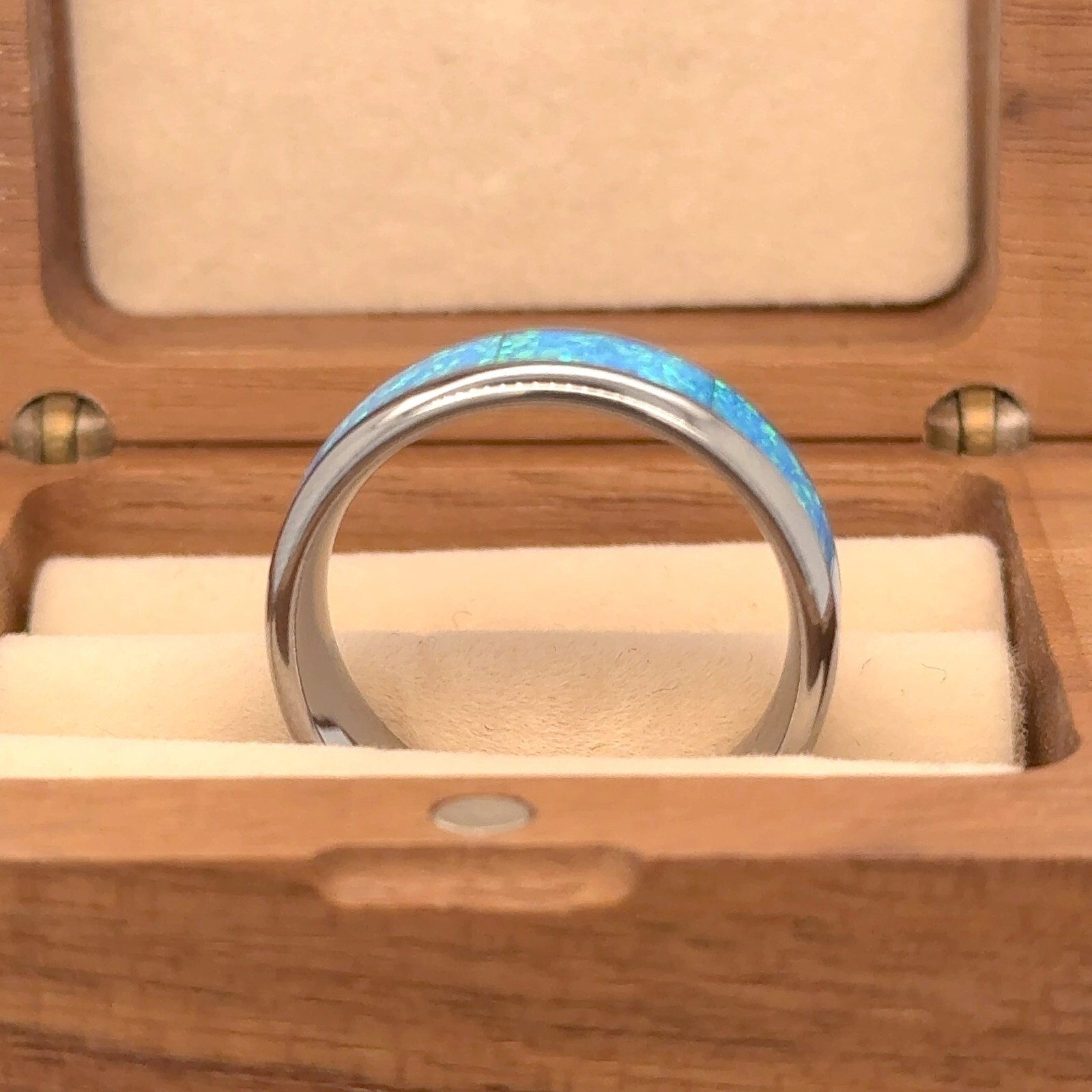 Domed Silver Tungsten Wedding Ring – Blue Green Opal Inlay Custom Engraved Band