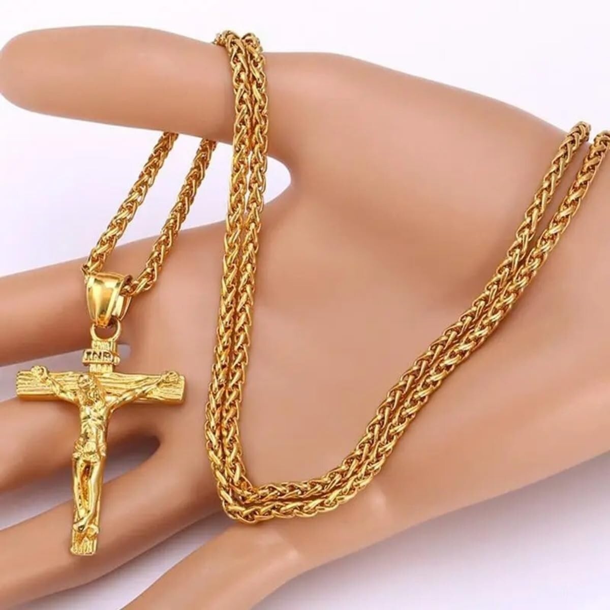 Mens Gold Stainless Steel Jesus Christ Crucifix Cross, Necklace Chain 24″