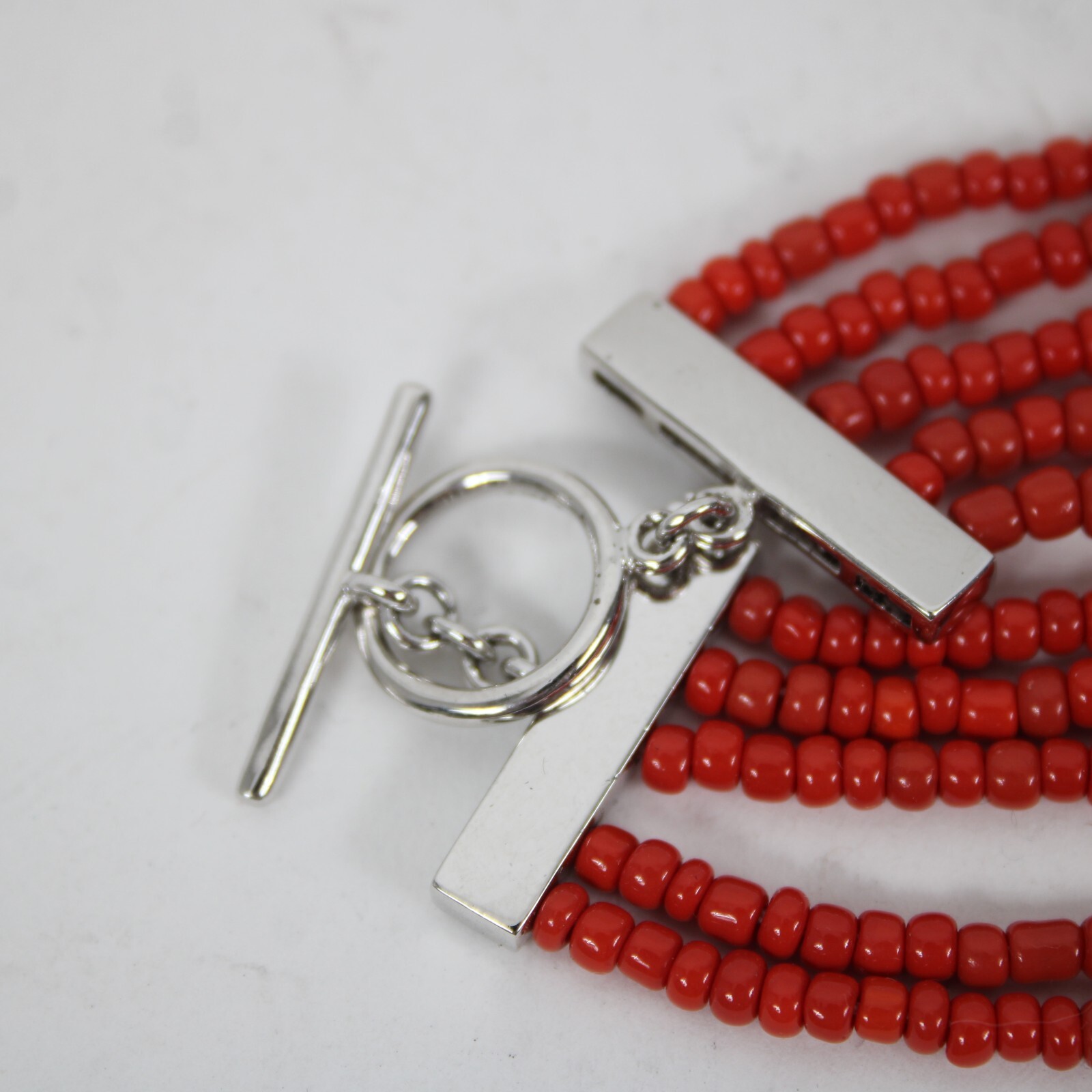 Sterling Silver Red Beaded CZ Multi Layer Hook And Eye Closure 17″ Necklace