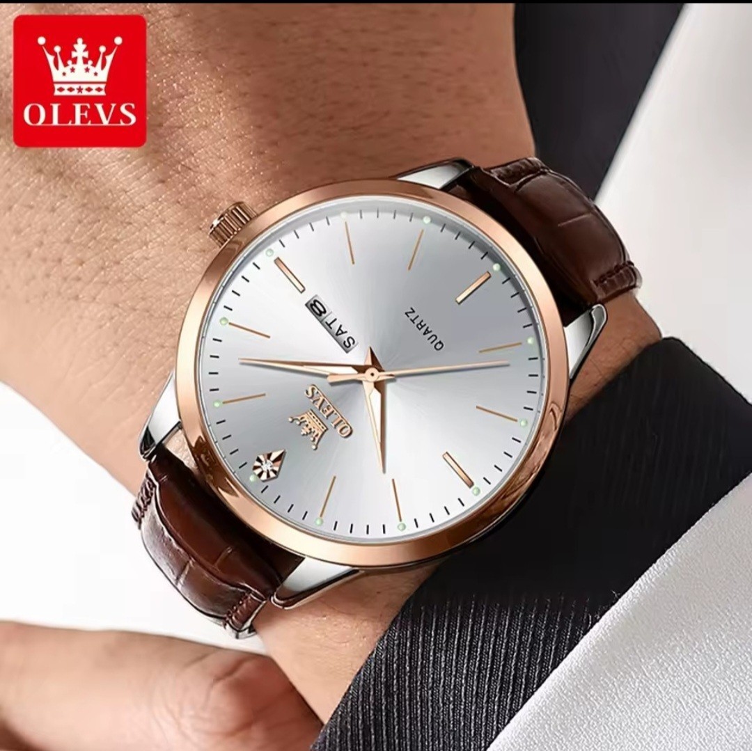 OLEVS Men’s Watch Quartz Waterproof Brown Leather Band White dial gold bezel