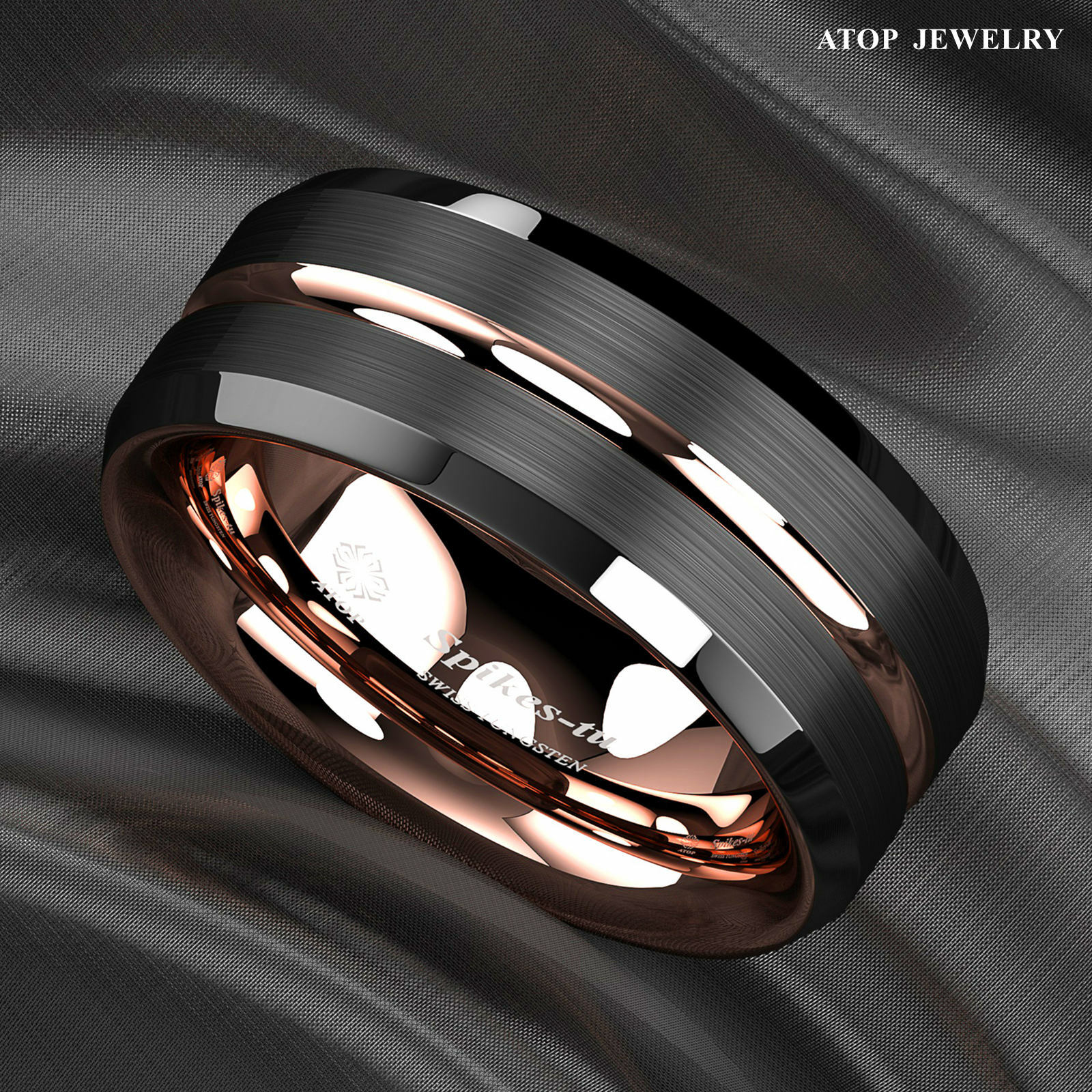 8mm Black Brushed Rose Gold Plated Metal Tungsten Ring ATOP Men Wedding Band