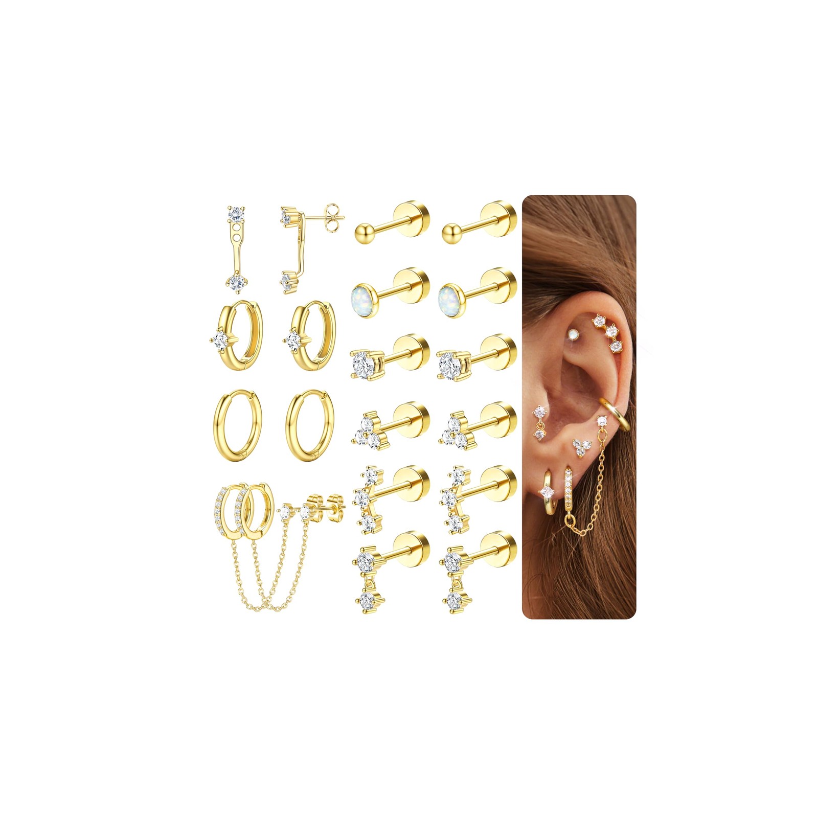Florideco Gold Earrings for 20G (0.8mm) x 6mm (Studs), 10mm (Hoops), Gold-A