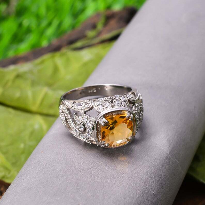 92.5 Sterling Silver 7.7 Gram Ring Band Natural Citrine Cushion Shape Gemstone
