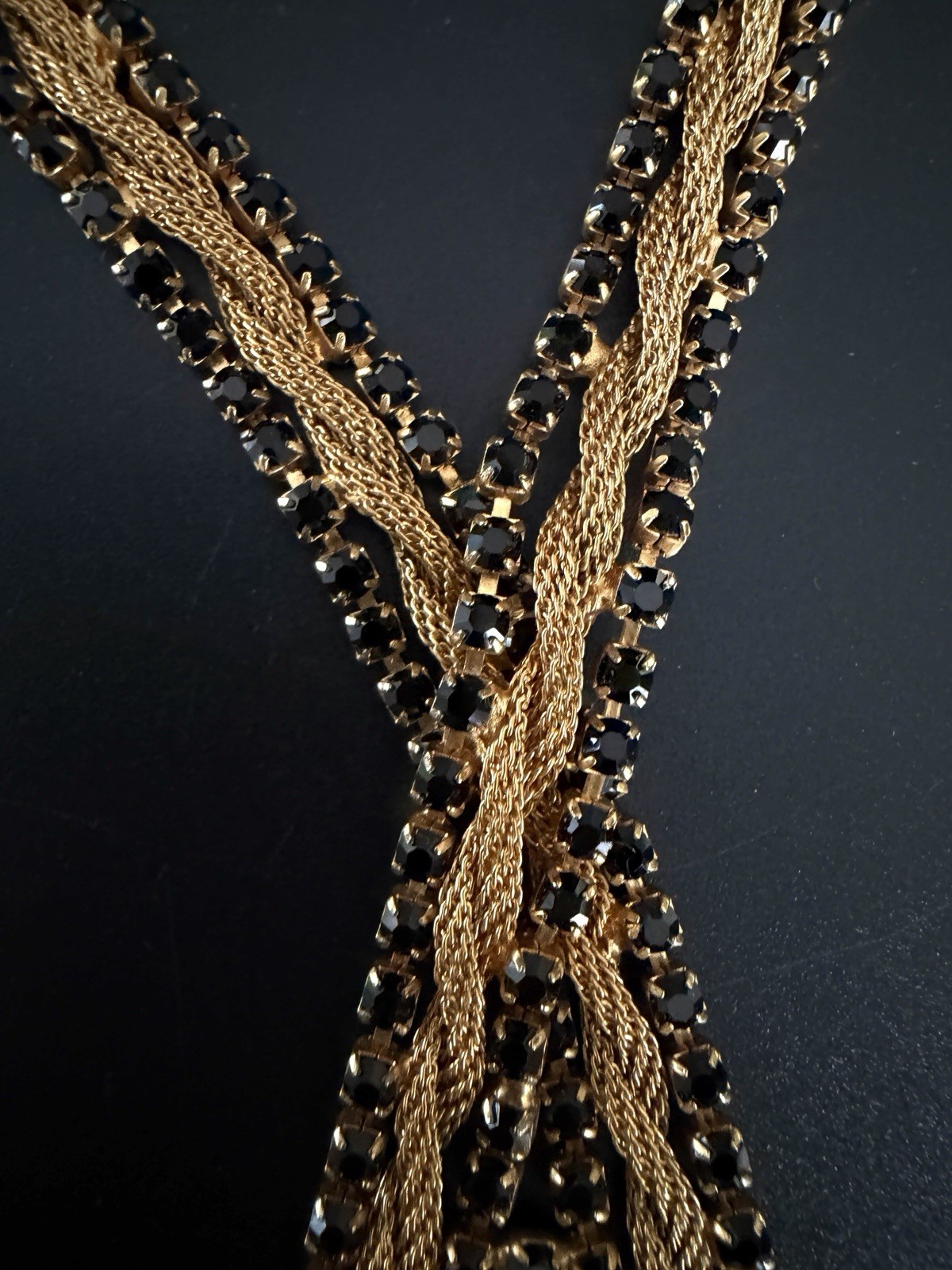 Vtg 50’s 60’s Fixed Lariat Waterfall Necklace Gold Mesh Black Rhinestone Tassel!