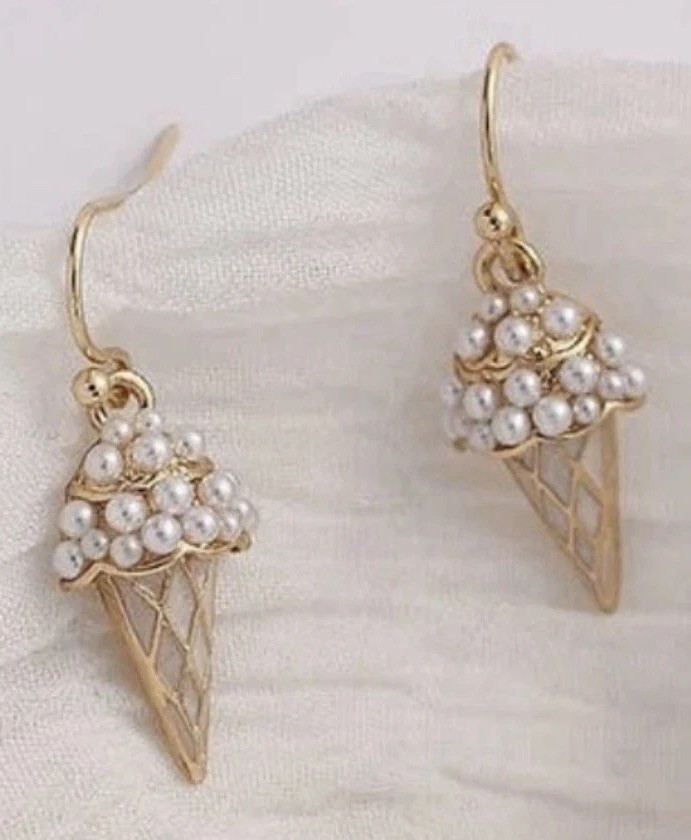 14k Gold Plated Pearl Cone Ice Cream Dangle Earrings NWOT