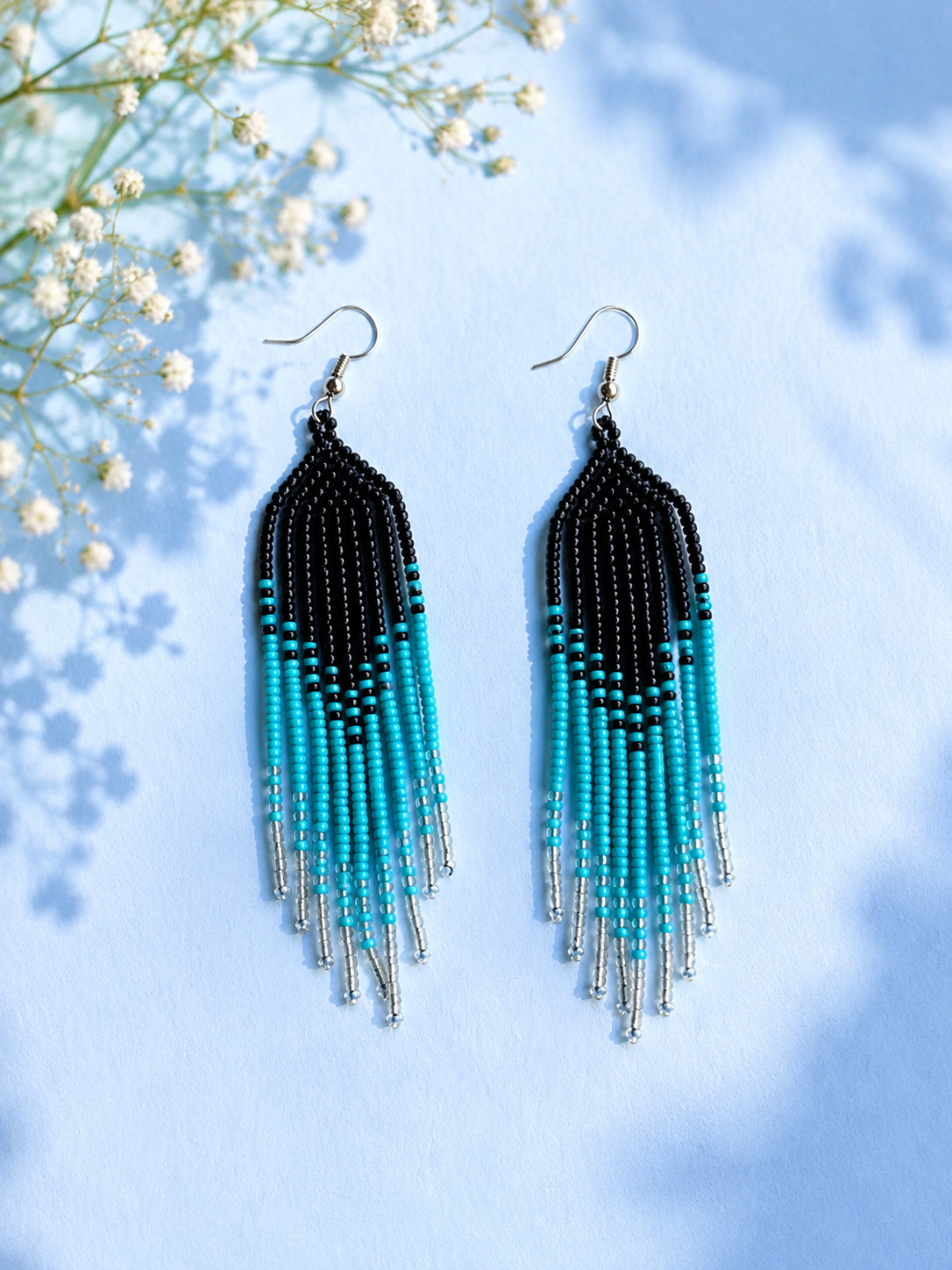 Handmade Seed Bead Fringe Earrings Long Tassel Boho Dangle Statement Jewelry.