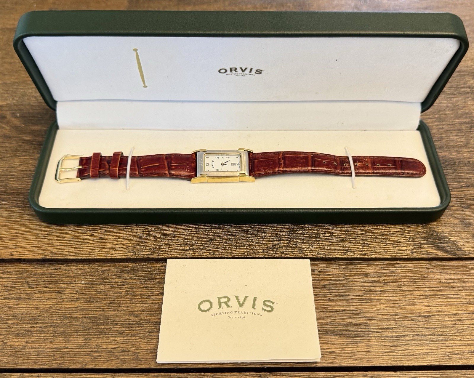 Orvis Quartz Watch Mens Rectangular Tank Leather Box Date VTG – Needs Battery