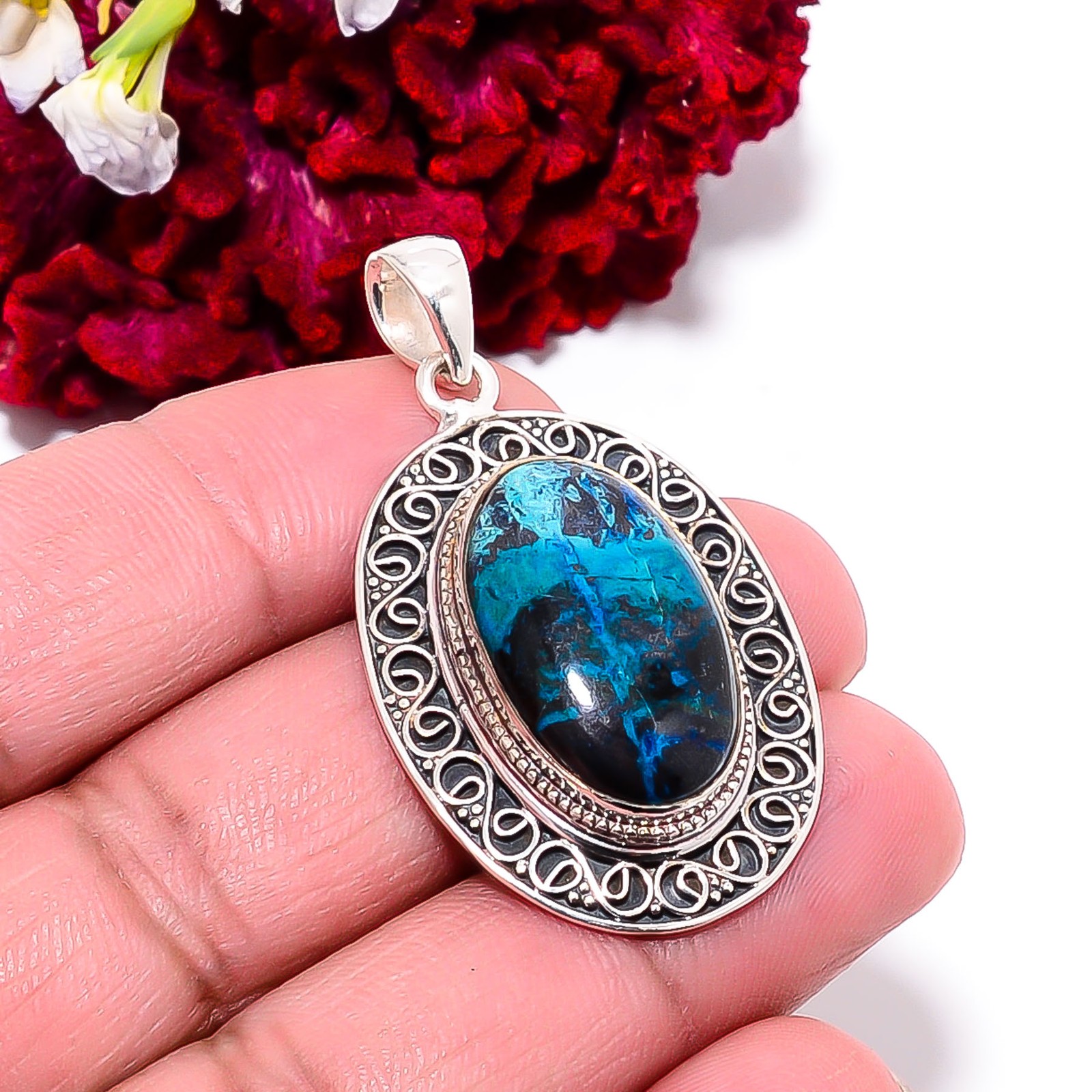 Chrysocolla – Peru Designer Handmade 925 Sterling Silver Pendant 1.83″ P99537