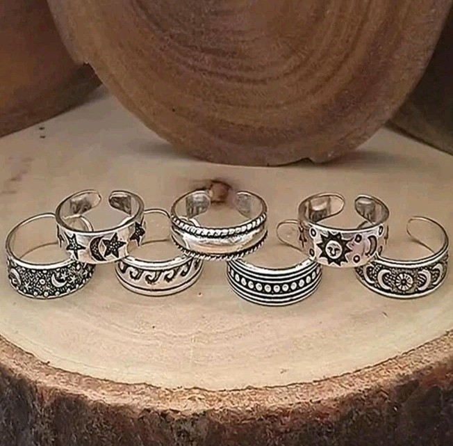 Set Of 7 TOE RINGS Beach Vacation Theme Sun Moon Star Waves Stainless Free Ship