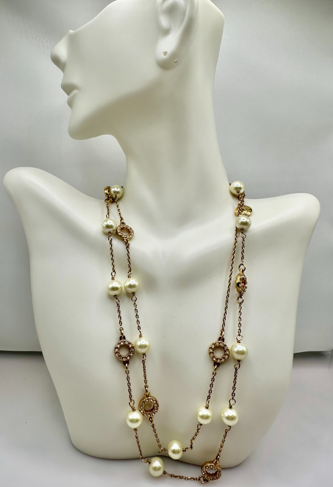 J.Crew signed chain Eternity link faux pearl Necklace rhinestone gold tone 32″L
