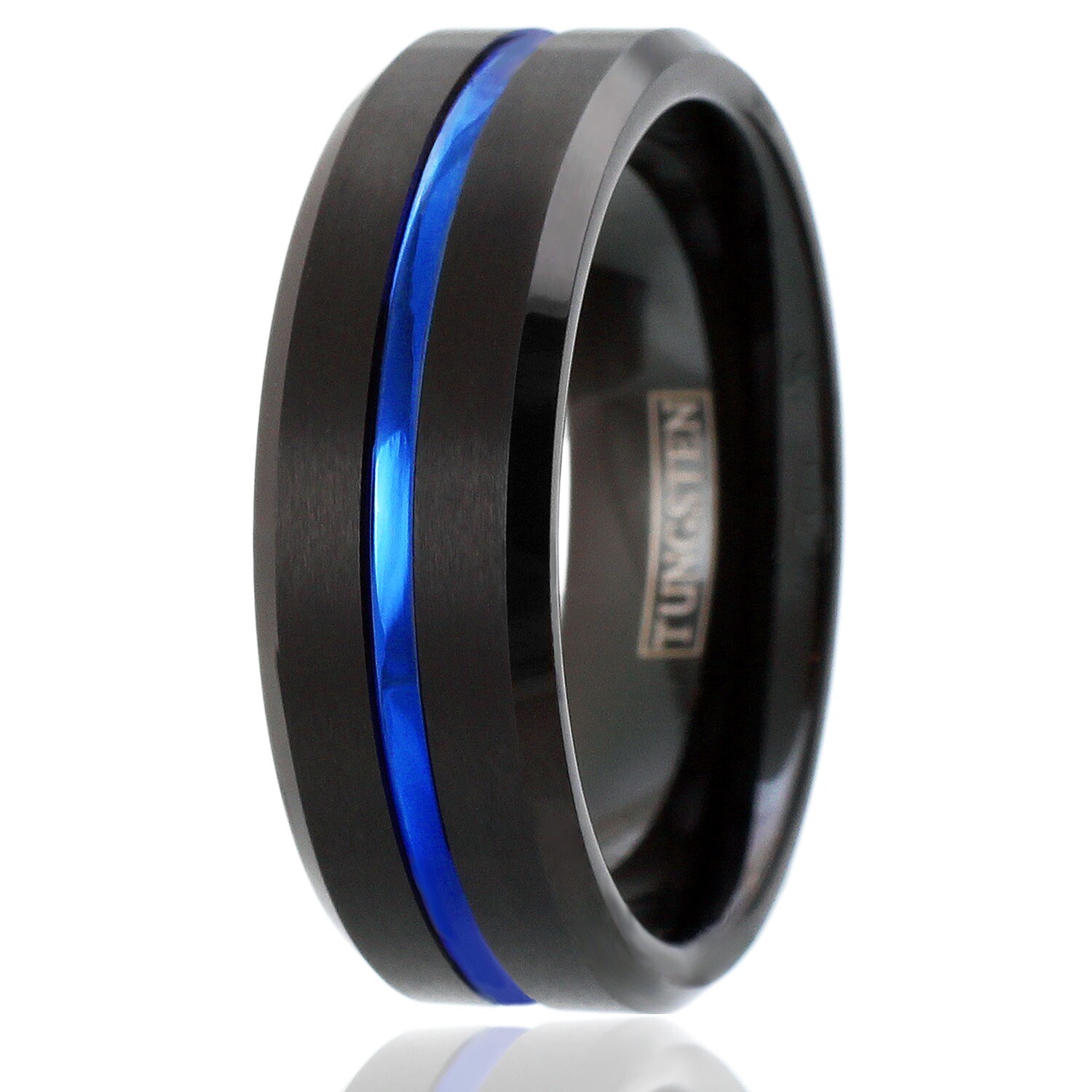 Black Tungsten Carbide Brushed Thin Blue Line Band Ring-Police Law Enforcement
