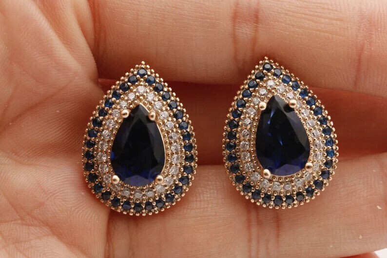4Ct Pear Cut Simulated Blue Sapphire Women Drop/Dangle In 14K Yellow Gold Plated