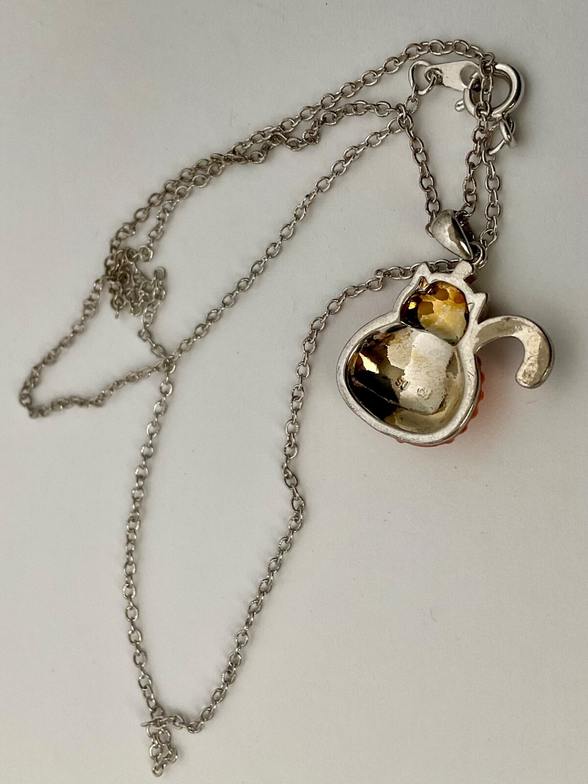 Halloween Black Cat & Pumpkin Necklace Pave Rhinestones Silver Tone 18” Chain