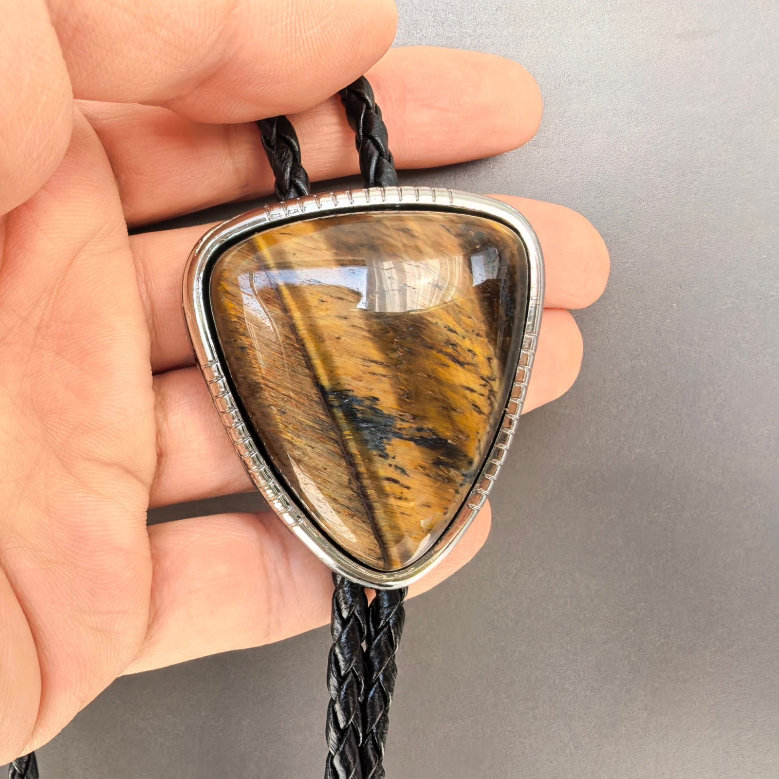 Triangle Tiger-eye Stone Western Cowboy Mens Bolo Tie PU Rope Wedding Necktie