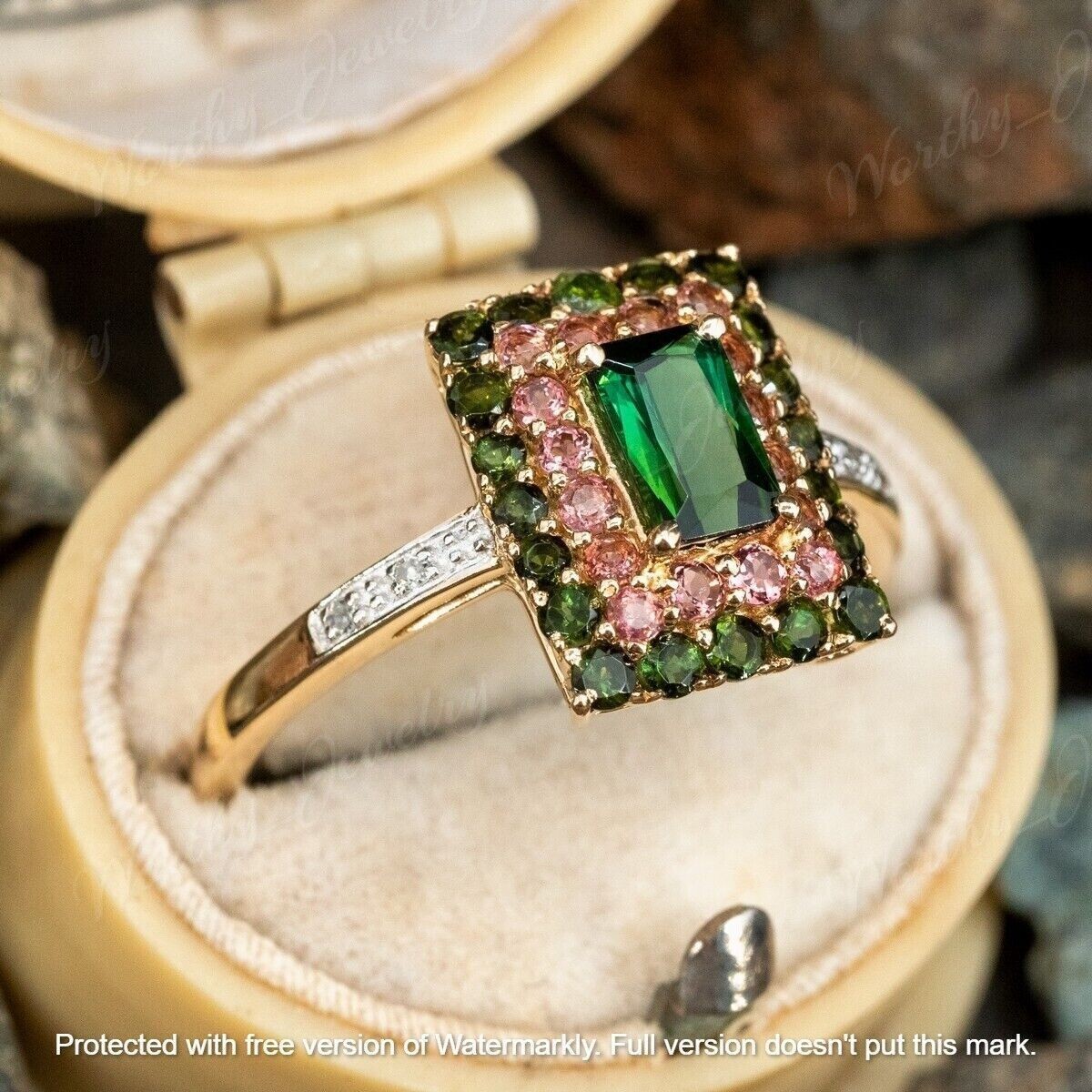 3.00Ct Lab-Created Green Emerald Double Halo Engagement Ring 14K White Gold Over