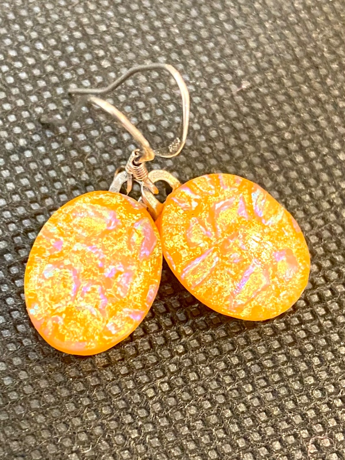 Orange Fused Dichroic Art Glass Dangle Earrings – Sterling Silver Ear Wires