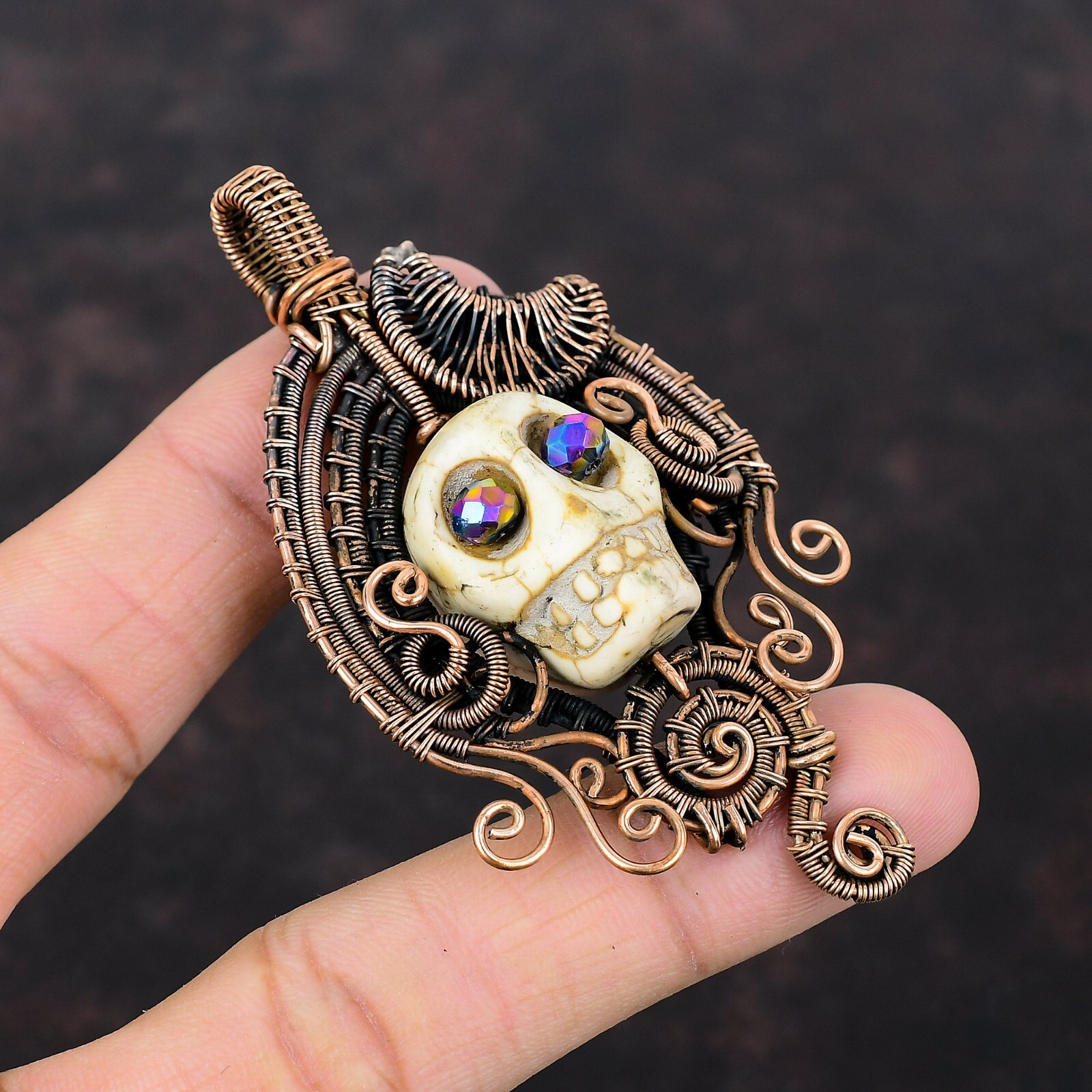 Howlite Copper Friend Gift Wire Wrapped And Skull Face Pendant 3.23″