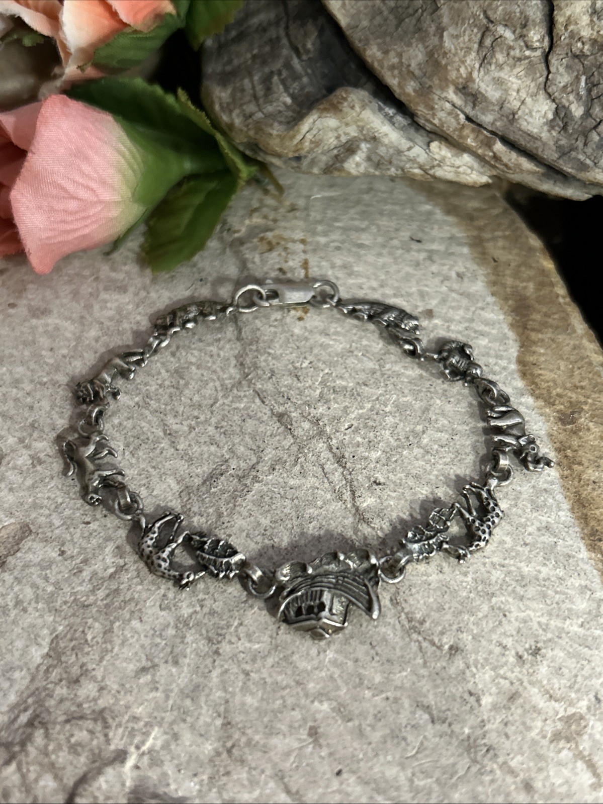 53. Vintage Sterling 925 Noahs Ark Animal Link Chain Bracelet 7 1/4″. 8.8g.