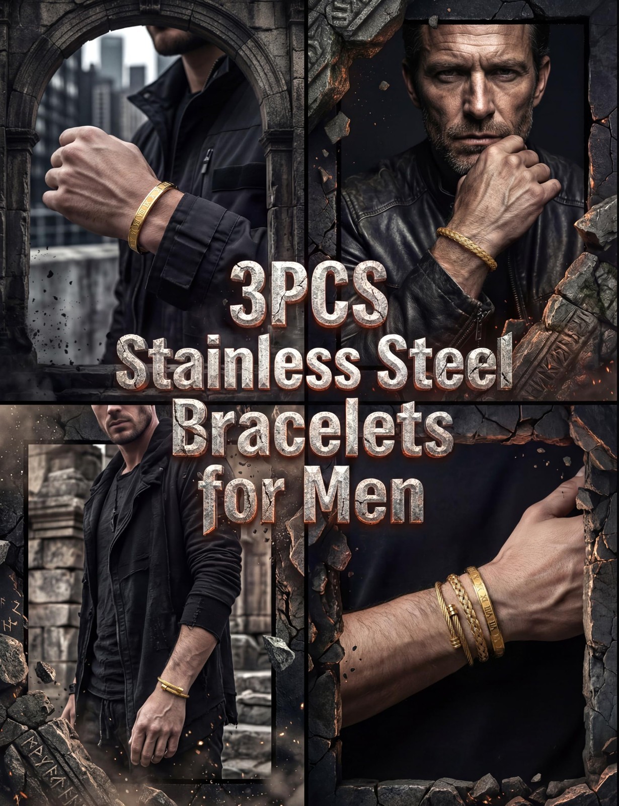 3Pcs Men’s Stainless Steel Adjustable Bracelets – Roman Numeral & Twisted Cable