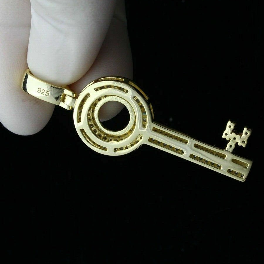 Pretty Baguette Cut Simulated Diamond Key Shape Pendant 14k Yellow Gold Plated