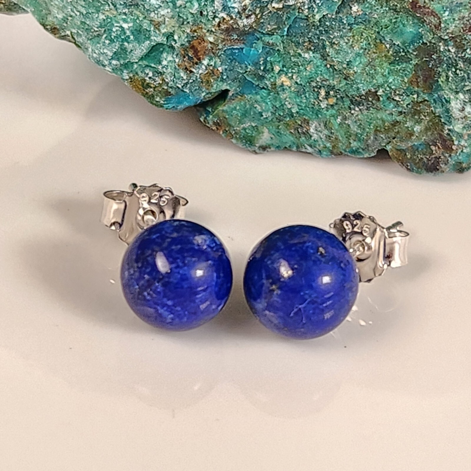 Real Solid 925 Sliver Natural Blue Lapis Lazuli 8mm Round Ball Stud Earrings