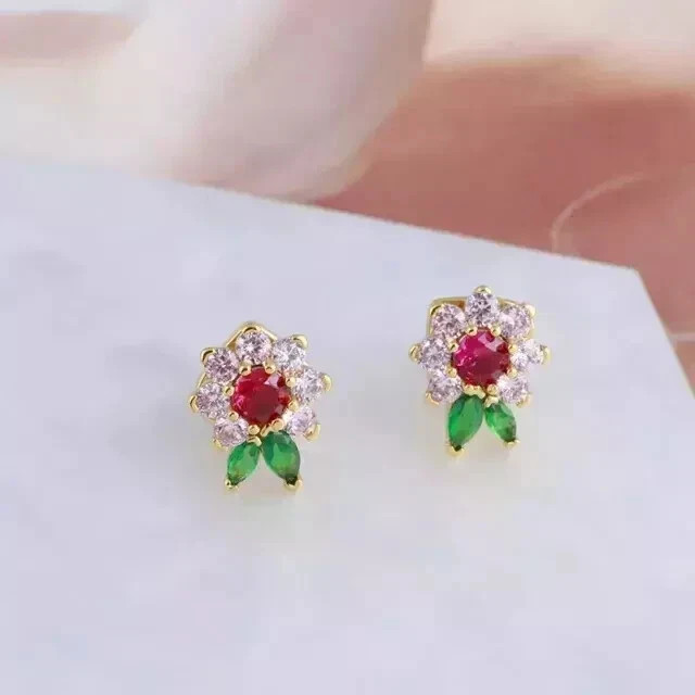 Round Cut Lab Created Red Ruby Women Flower Stud Earring 14K Yellow Gold Plated