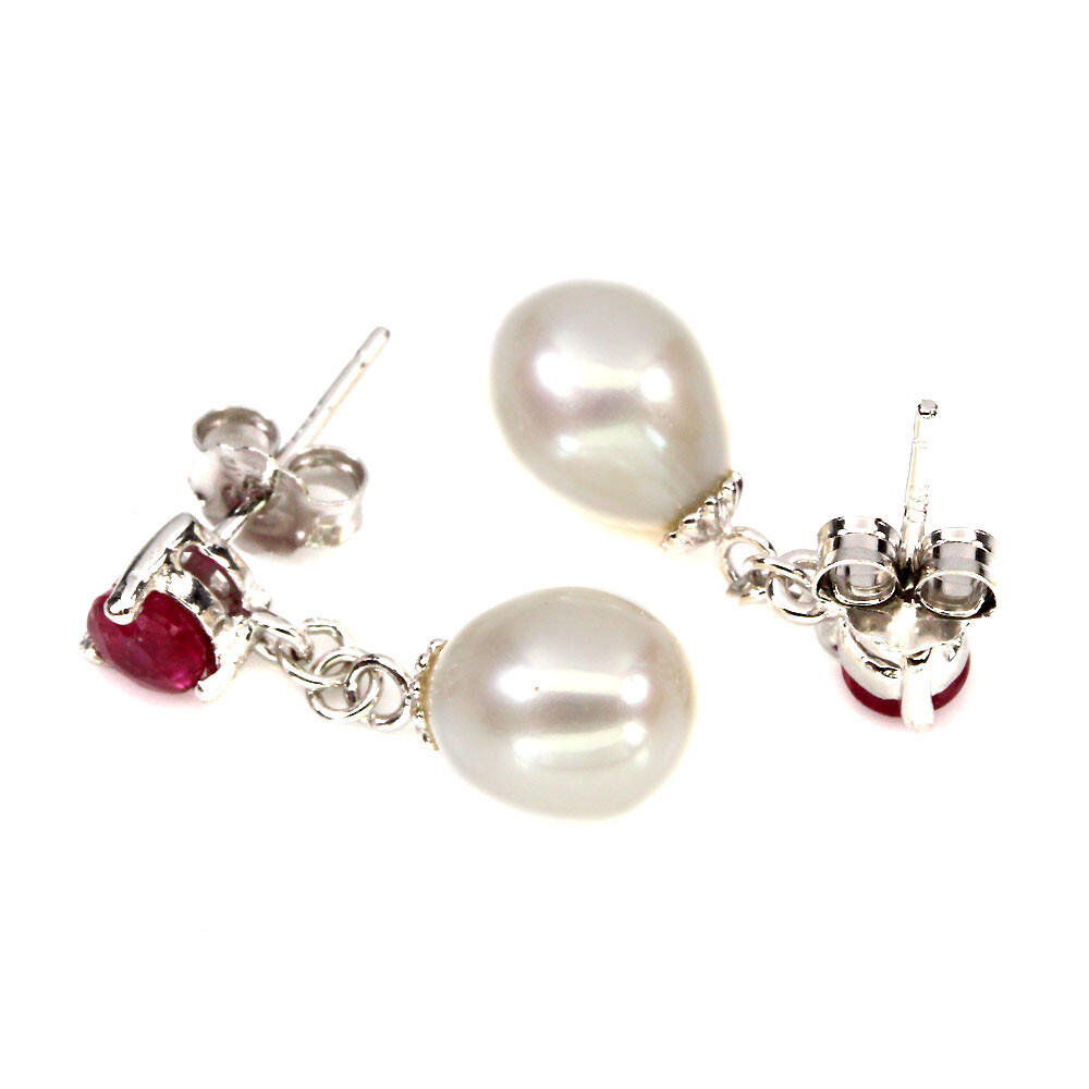 925 Sterling Silver Earrings Round Ruby 4mm Pearl Gemstone Jewelry