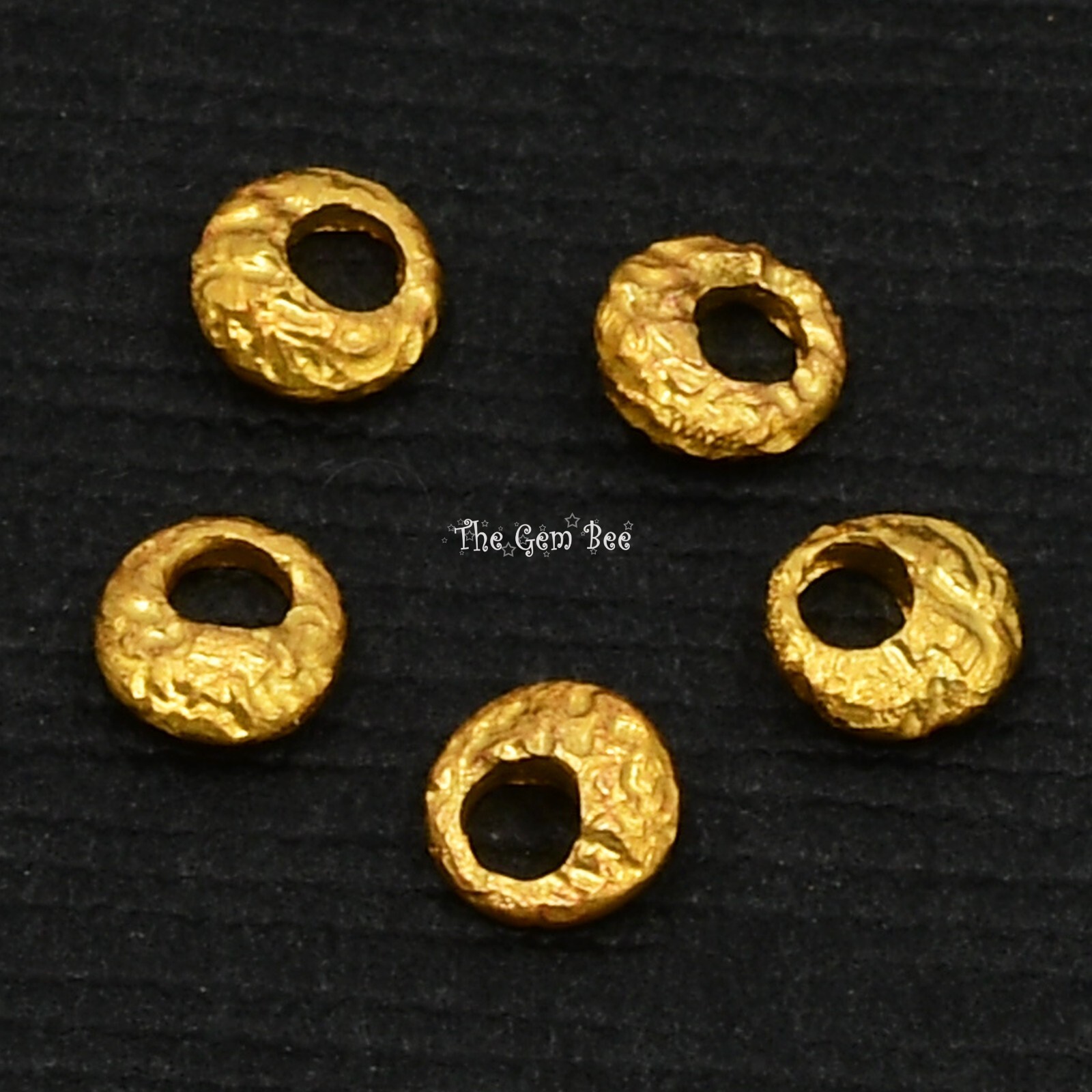 4mm 18k Solid Yellow Gold Hefty Disc Textured Rustic Nugget Spacer Beads (5)