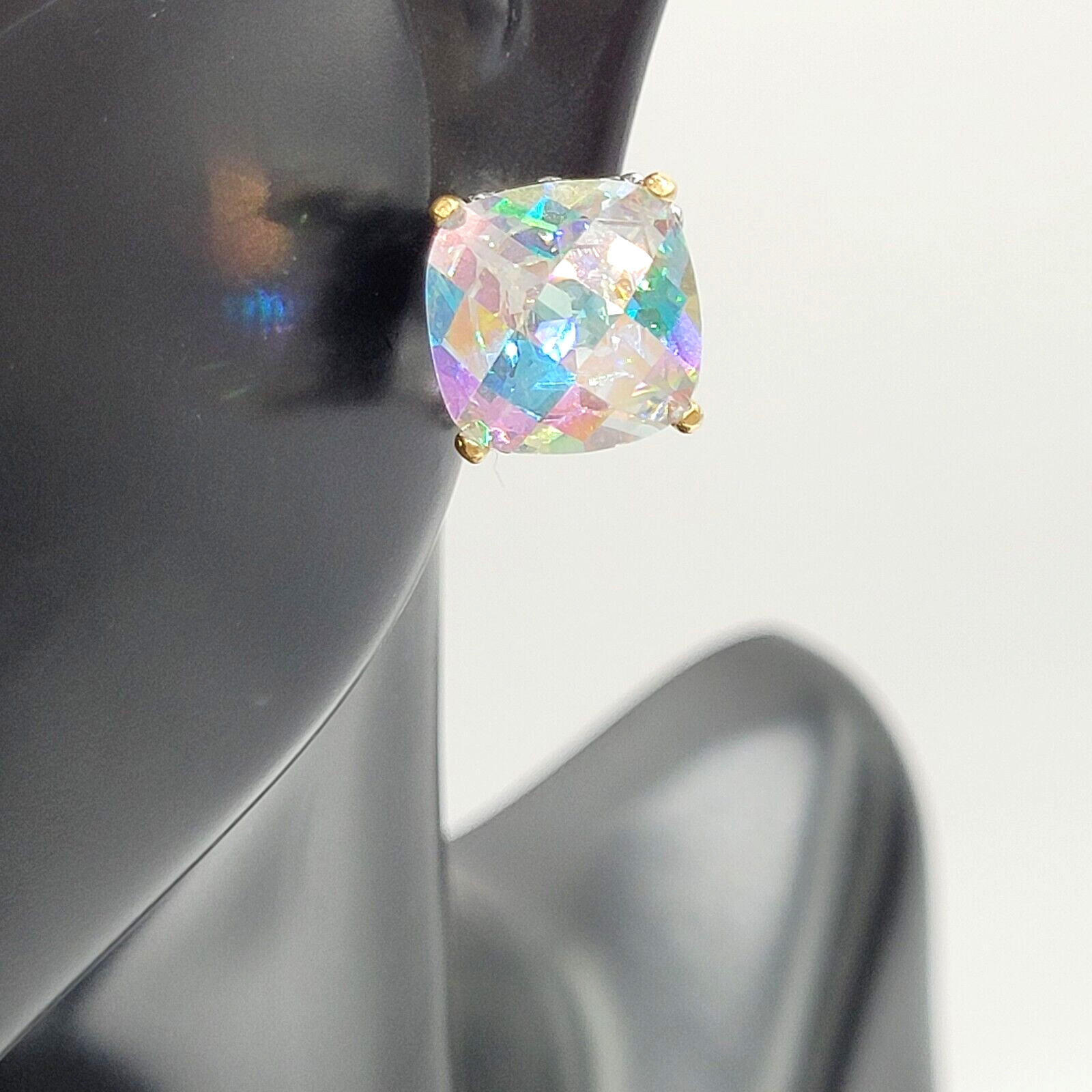 Modern Rainbow AB Crystal Square Stud Two Tone Ornate Frame Pierced Earrings