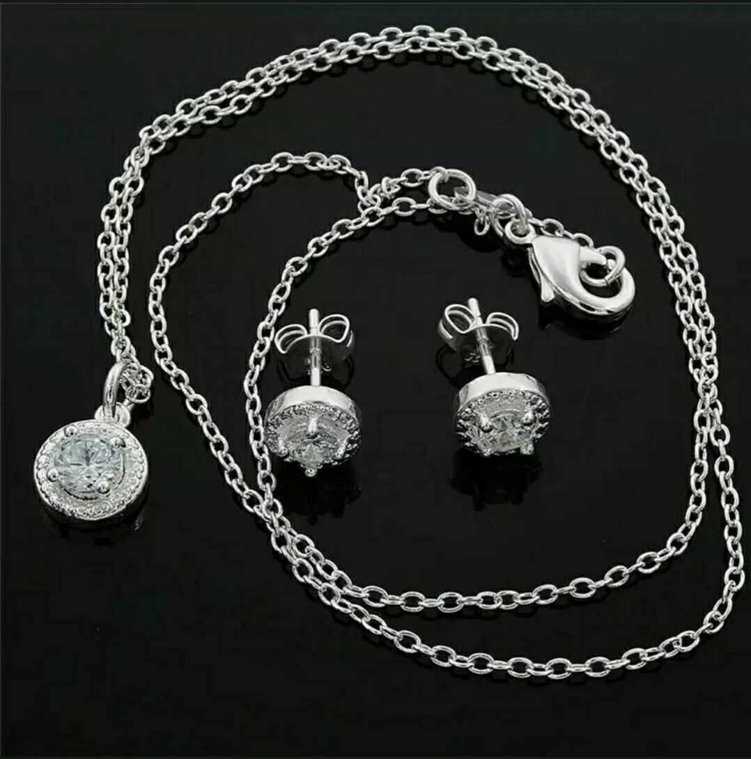 925 Cute Silver Crystal Wedding Solid Necklace Earring Jewelry Set Charm Women