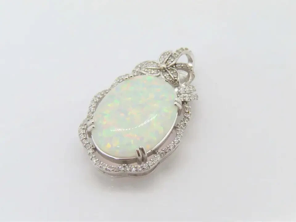 3Ct Oval Cut Fire Opal Pendant 14K White Gold Finish