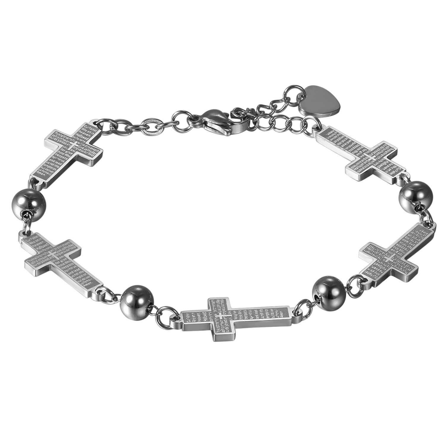 Womens Girls Stainless Steel LORD’S PRAYER Cross Charms Bracelet Link Chain Gift
