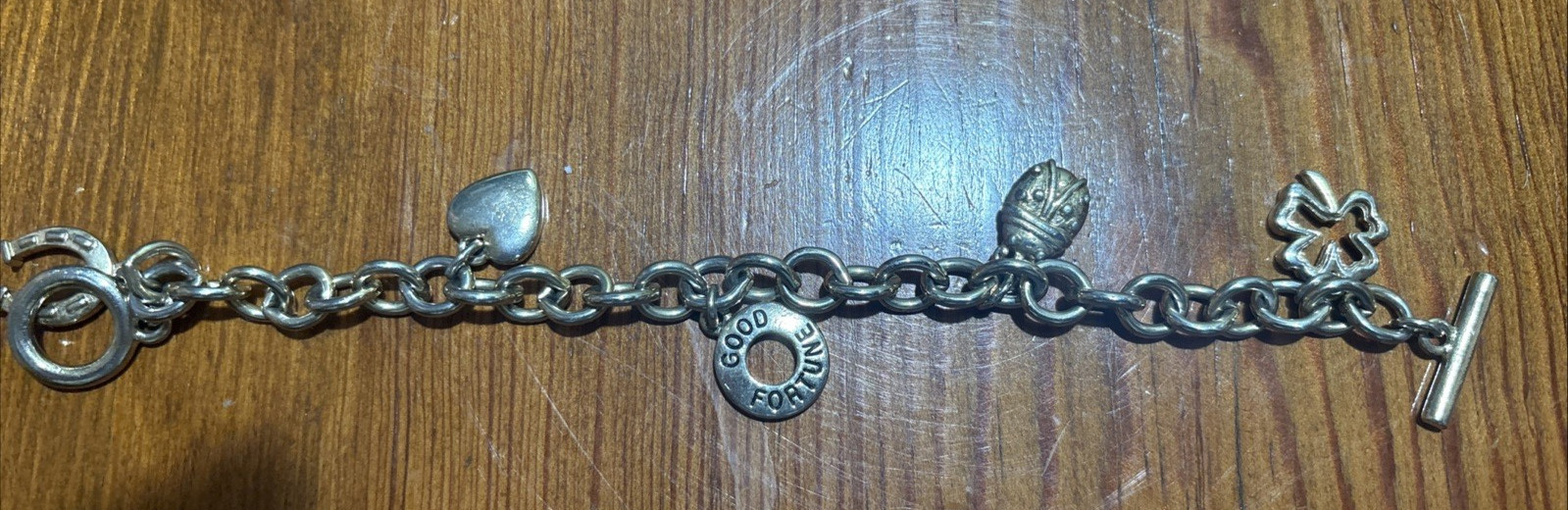 VTG GOOD LUCK CHARM BRACELET 6.5″ HEART, CLOVER, HORSESHOE