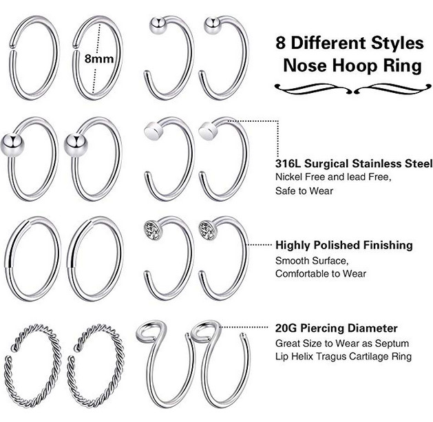 Stainless Steel Nose Rings Set Bone Stud Tragus Cartilage Hoop Body Piercing 20G