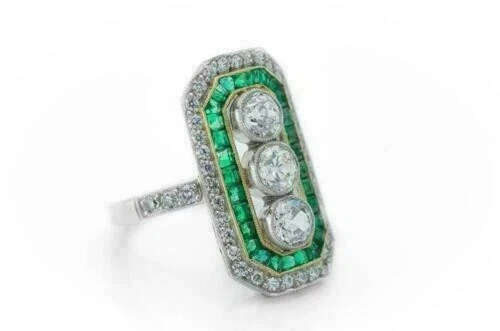 Art Deco Style Lab Created Diamond & Emerald Engagement 14K White Gold FN Ring