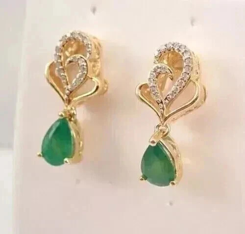Simulated Green Emerald 3Ct Pear Cut Drop/Dangle Earrings 14K Yellow Gold Plated