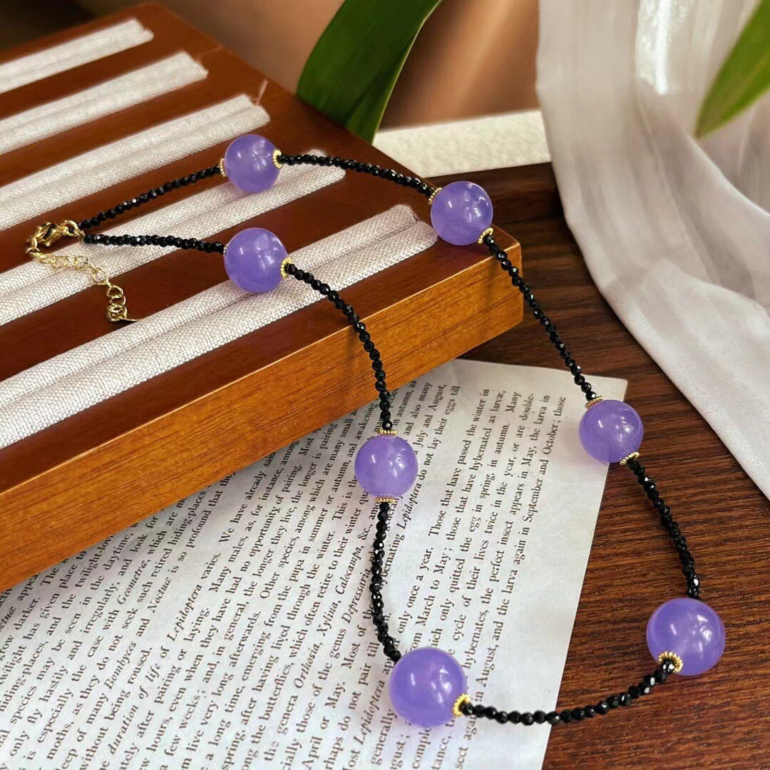 Exquisite 3mm Faceted Spinel & 10mm Lavender Jade Round Gems Necklace 16-28in