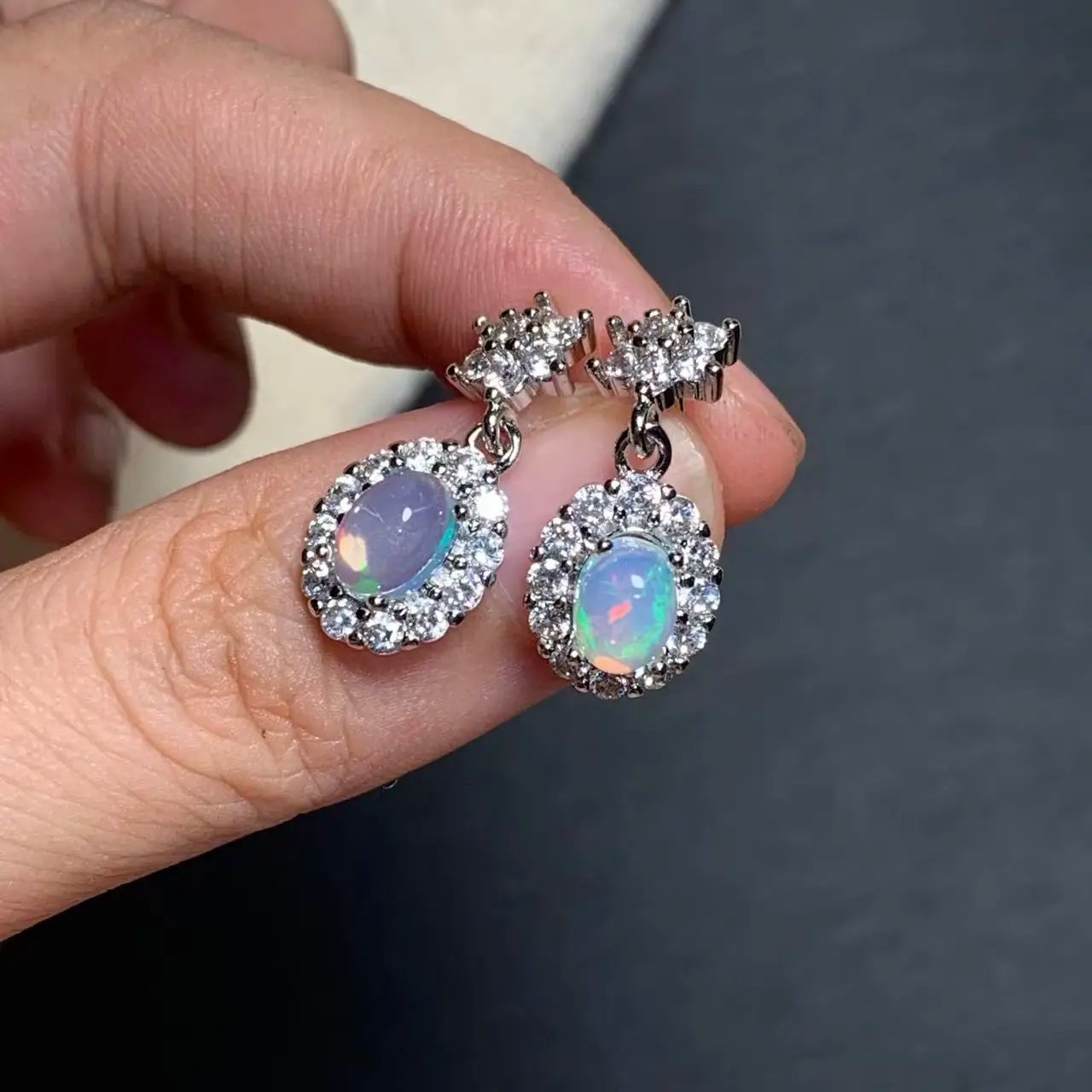Natural Oval Opal Stud Drop Earrings Women Vintage Halo Copper Jewelry Gifts